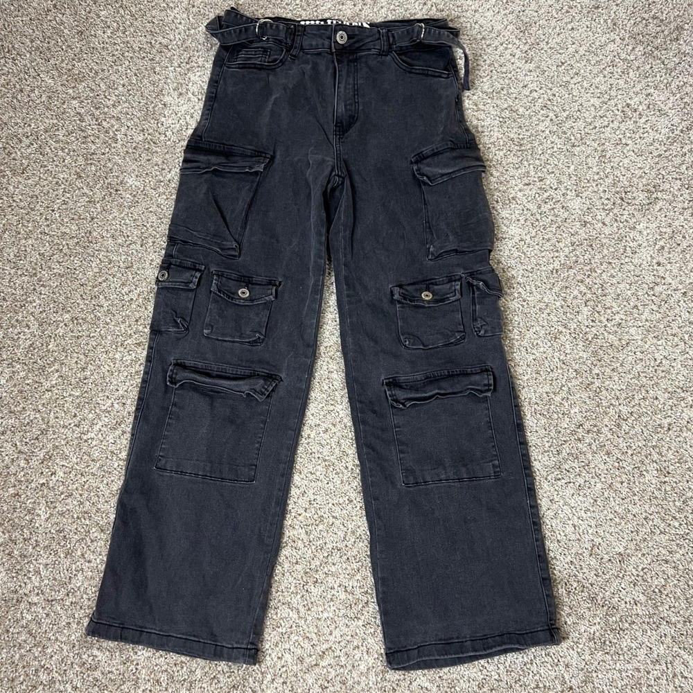 VIP Jeans Women Black Cargo Pants Wide Leg Stretch Multi Pocket Size 9/29